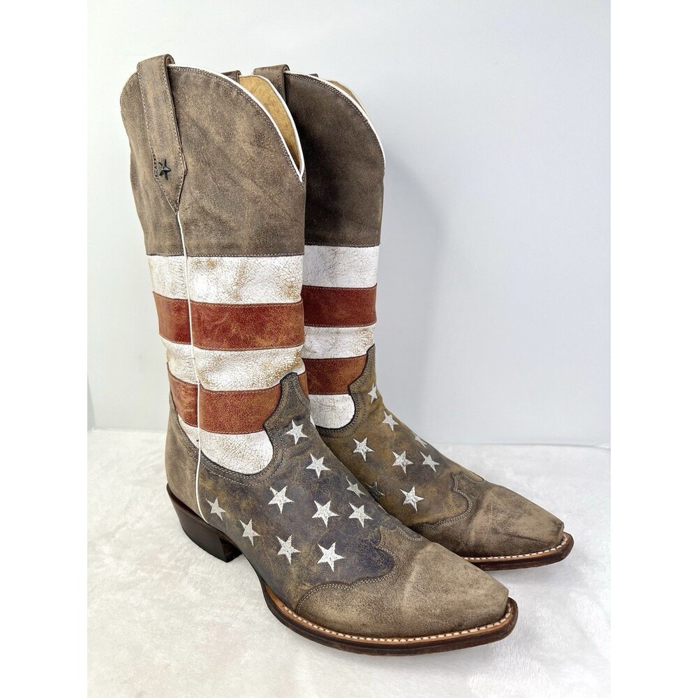 Roper American Flag Cowboy Boots Distressed Leather Snip Toe Mens 11.5 D Patriot